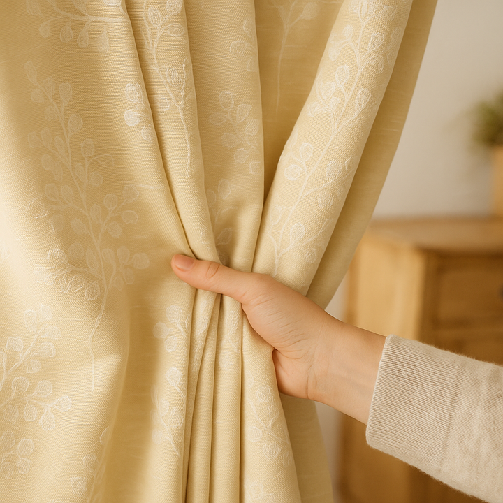 Linen Jacquard Curtains with Leafy Vine Pattern – Custom Sizes – 9 Colour Variants – Light Filtering or Blackout Lining – 4 Heading Styles