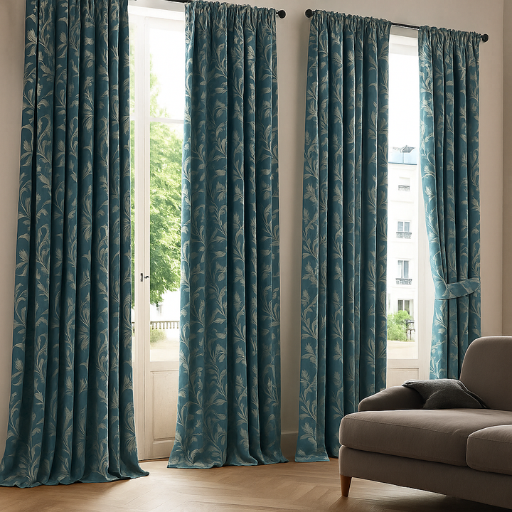 Luxury Linen Jacquard Curtains with Elegant Leaf Pattern – Custom Sizes & Blackout or Light-Filtering Options