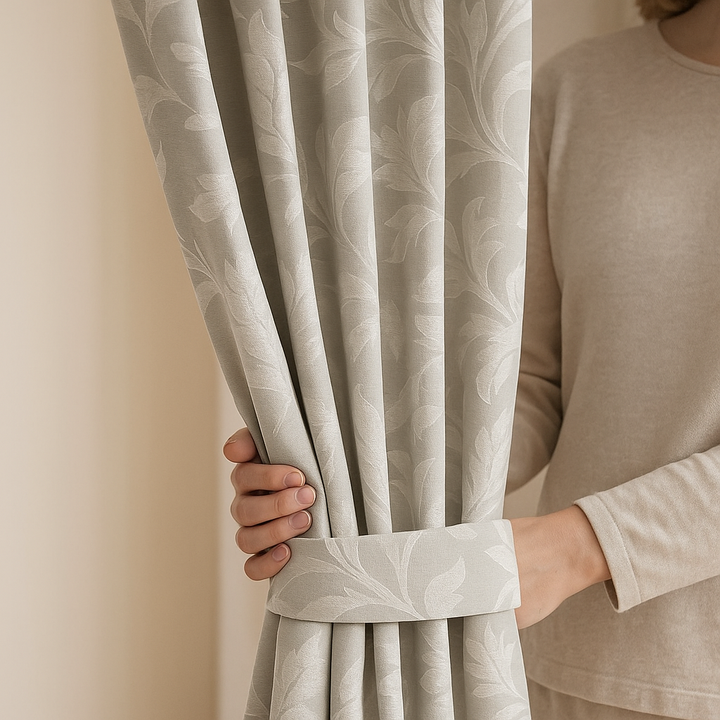 Luxury Linen Jacquard Curtains with Elegant Leaf Pattern – Custom Sizes & Blackout or Light-Filtering Options