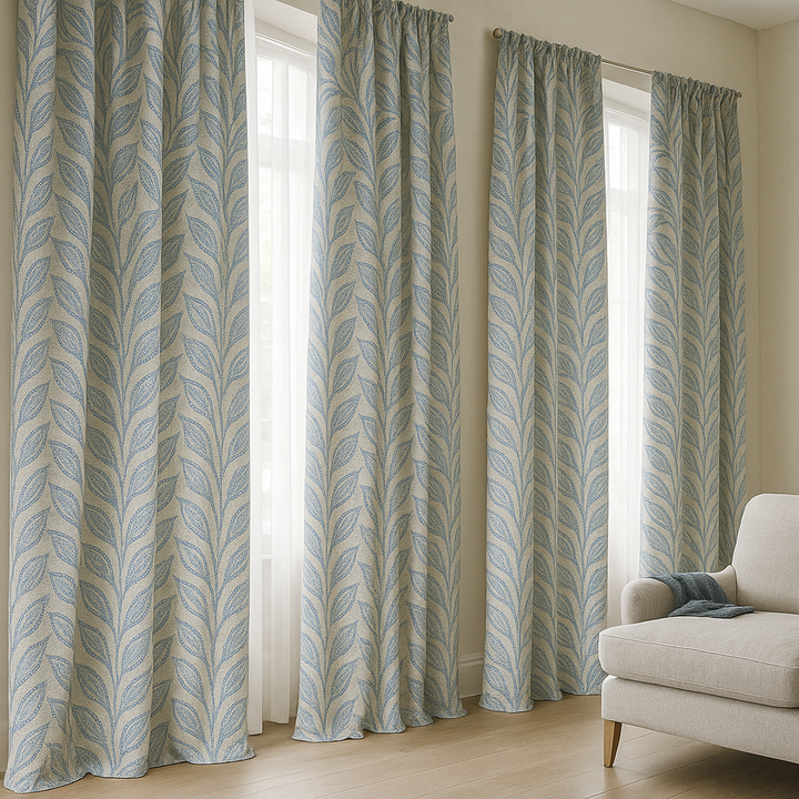 Luxury Linen Jacquard Curtains with Raised Leaf Pattern | Light-Filtering or Blackout Options | Custom Sizes