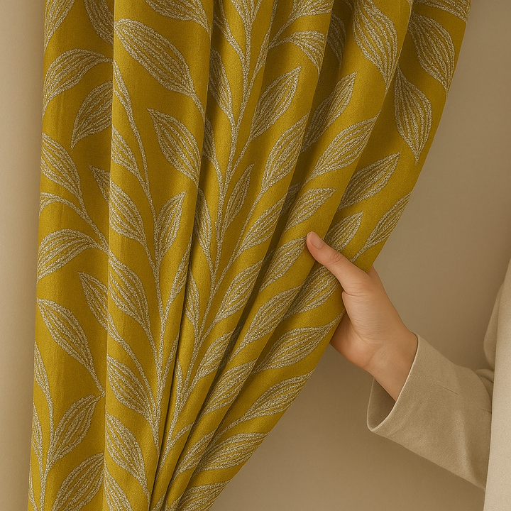 Luxury Linen Jacquard Curtains with Raised Leaf Pattern | Light-Filtering or Blackout Options | Custom Sizes