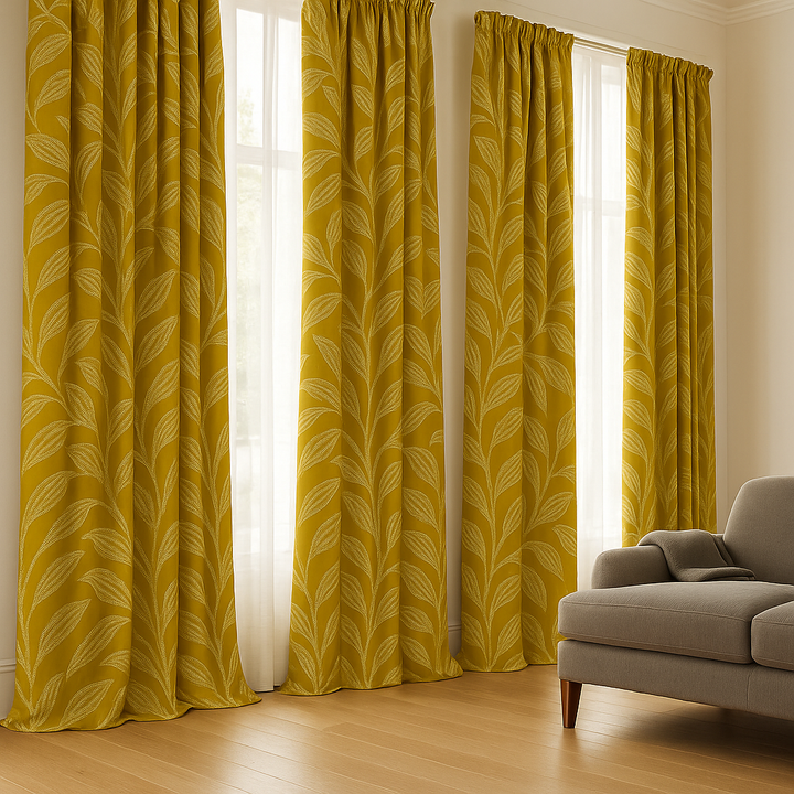 Luxury Linen Jacquard Curtains with Raised Leaf Pattern | Light-Filtering or Blackout Options | Custom Sizes