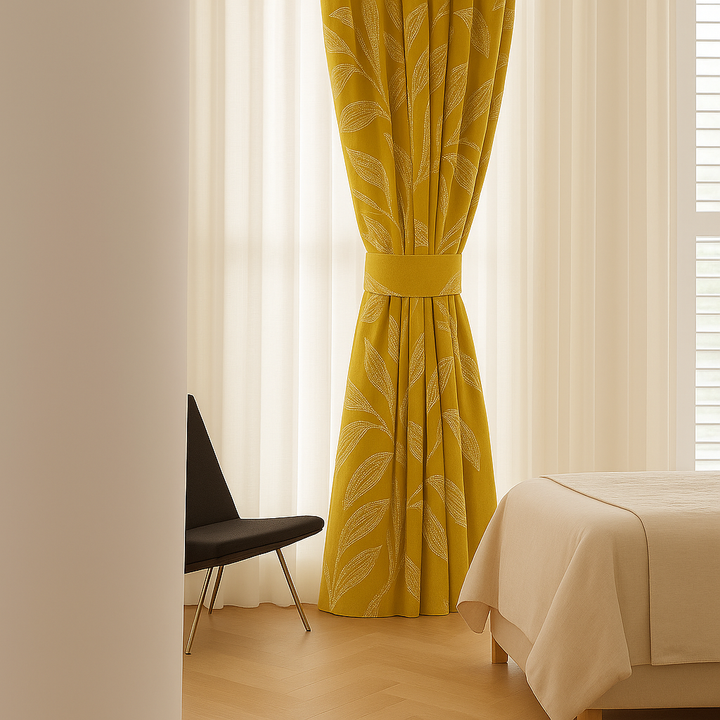 Luxury Linen Jacquard Curtains with Raised Leaf Pattern | Light-Filtering or Blackout Options | Custom Sizes