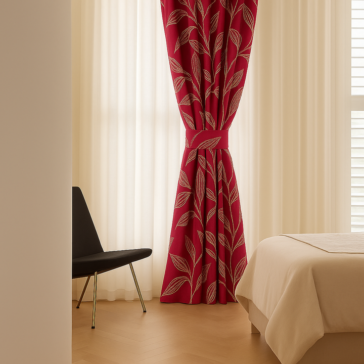 Luxury Linen Jacquard Curtains with Raised Leaf Pattern | Light-Filtering or Blackout Options | Custom Sizes