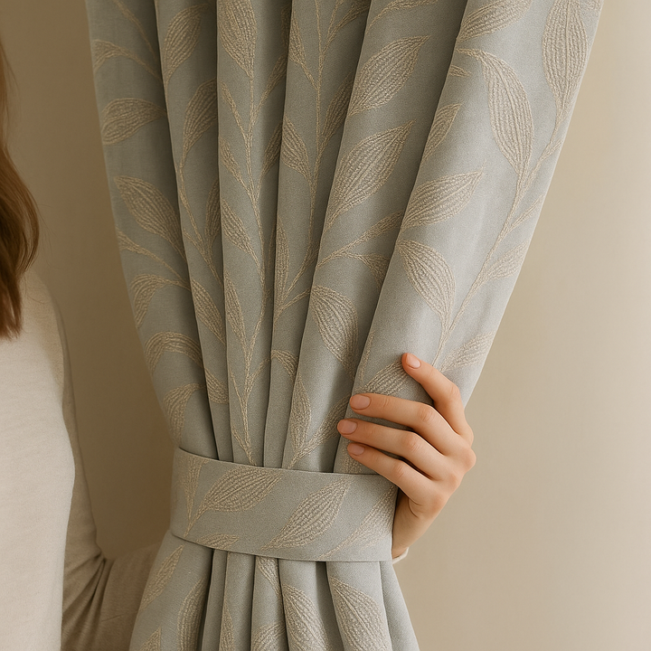 Luxury Linen Jacquard Curtains with Raised Leaf Pattern | Light-Filtering or Blackout Options | Custom Sizes