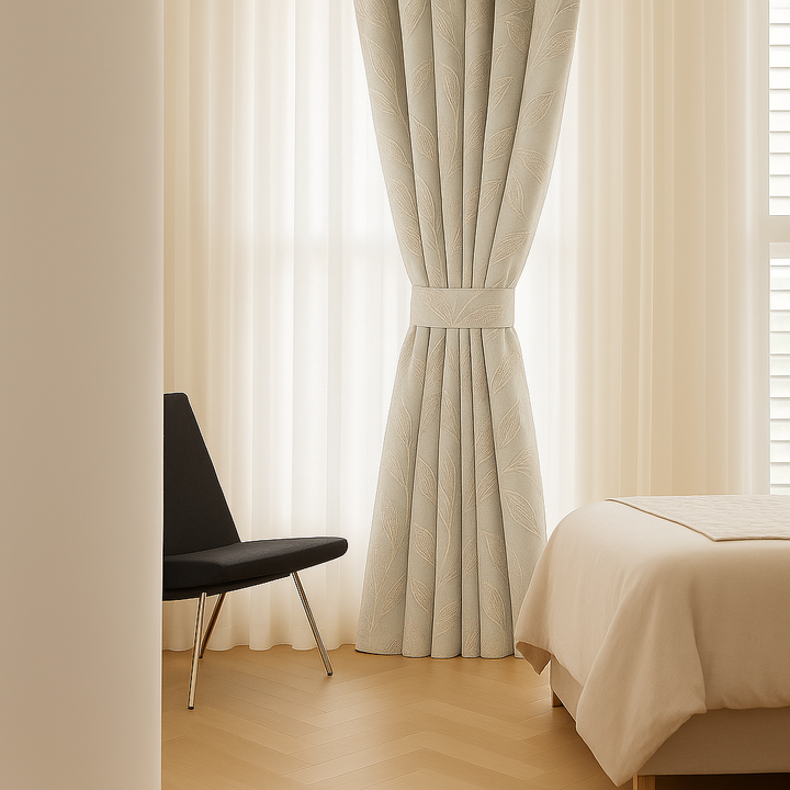 Luxury Linen Jacquard Curtains with Raised Leaf Pattern | Light-Filtering or Blackout Options | Custom Sizes