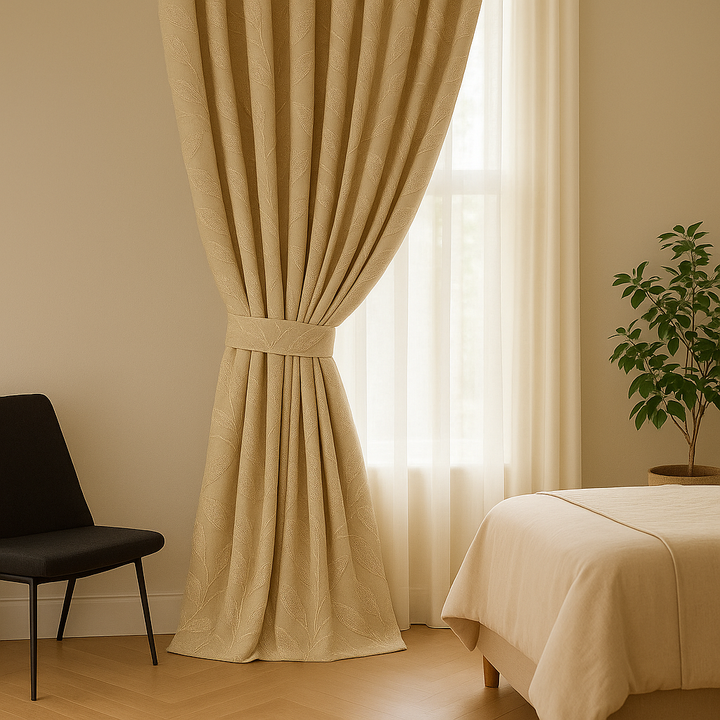 Luxury Linen Jacquard Curtains with Raised Leaf Pattern | Light-Filtering or Blackout Options | Custom Sizes