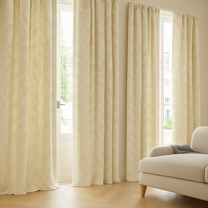 Luxury Linen Jacquard Curtains with Raised Leaf Pattern | Light-Filtering or Blackout Options | Custom Sizes