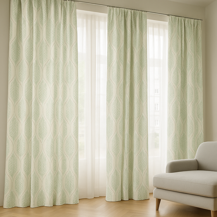 GOTS Certified Organic Linen Curtains with Embroidered Leaf Pattern – Custom Sizes, Multiple Heading Styles, Light Filtering or Blackout Liner