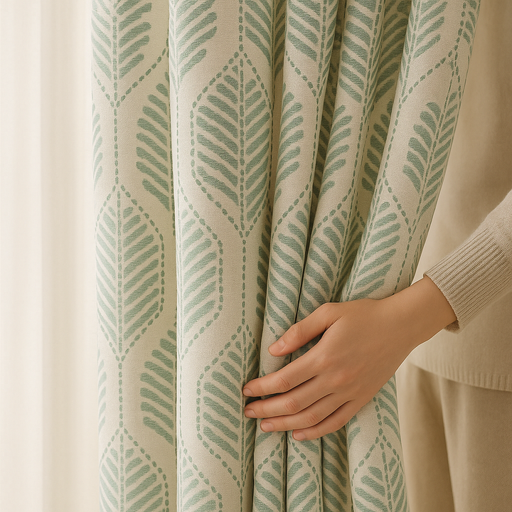 GOTS Certified Organic Linen Curtains with Embroidered Leaf Pattern – Custom Sizes, Multiple Heading Styles, Light Filtering or Blackout Liner