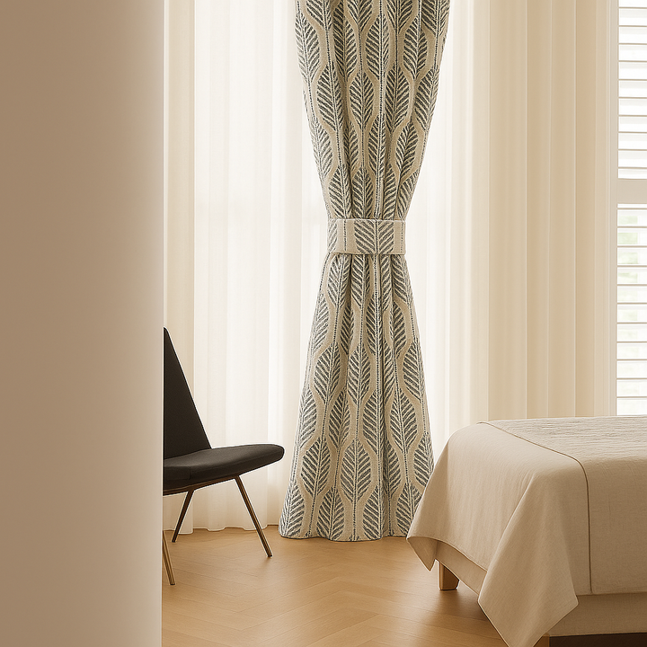 GOTS Certified Organic Linen Curtains with Embroidered Leaf Pattern – Custom Sizes, Multiple Heading Styles, Light Filtering or Blackout Liner