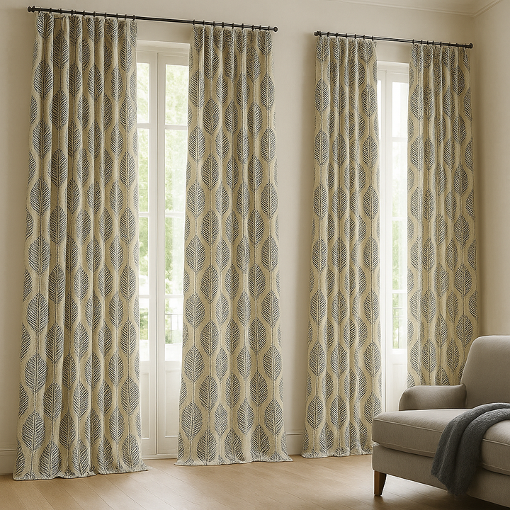 GOTS Certified Organic Linen Curtains with Embroidered Leaf Pattern – Custom Sizes, Multiple Heading Styles, Light Filtering or Blackout Liner