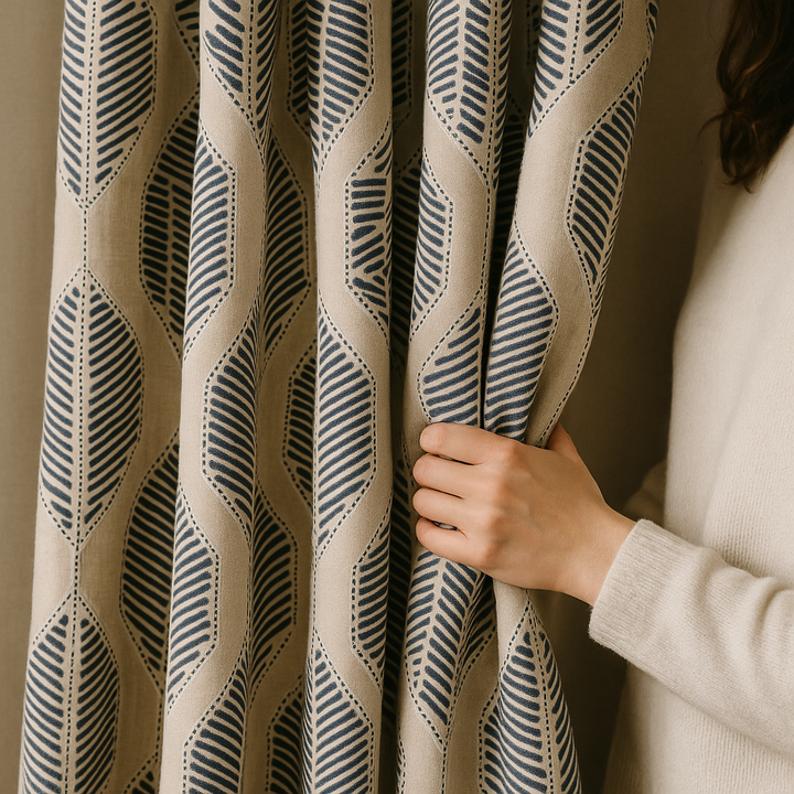 GOTS Certified Organic Linen Curtains with Embroidered Leaf Pattern – Custom Sizes, Multiple Heading Styles, Light Filtering or Blackout Liner