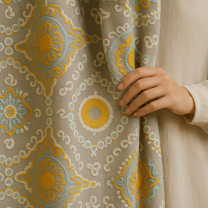 Luxury Suzani Embroidered GOTS Linen Curtains – Made-to-Measure | Blackout or Light-Filtering | Single Panel or Pair