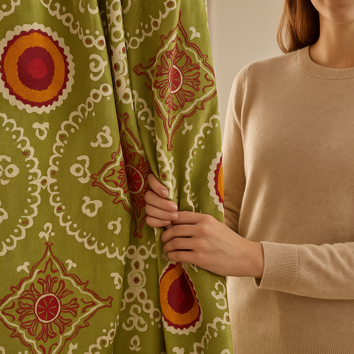 Luxury Suzani Embroidered GOTS Linen Curtains – Made-to-Measure | Blackout or Light-Filtering | Single Panel or Pair