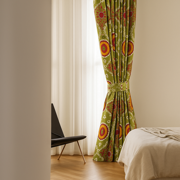 Luxury Suzani Embroidered GOTS Linen Curtains – Made-to-Measure | Blackout or Light-Filtering | Single Panel or Pair