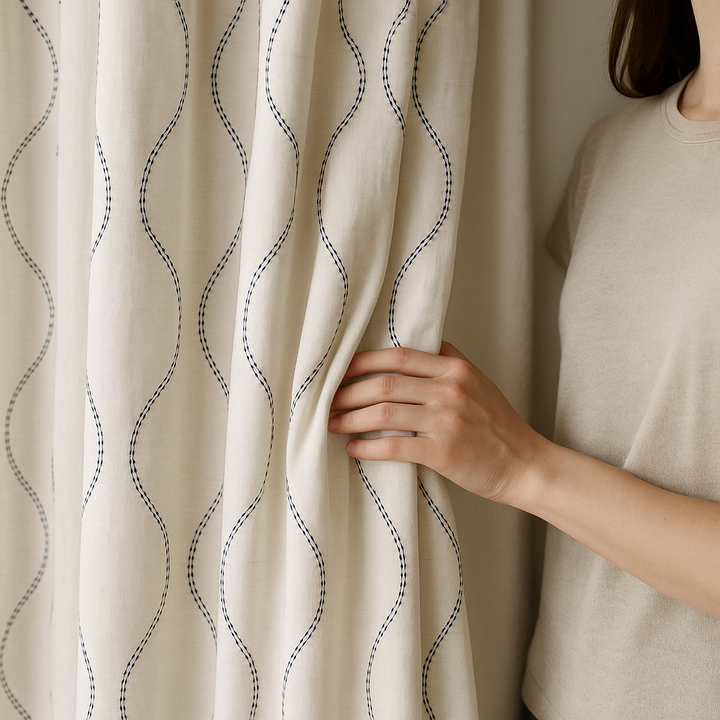 Luxury Linen Curtains with Wavy Embroidery – Custom Sizes & Light-Filtering or Blackout Options – GOTS Certified