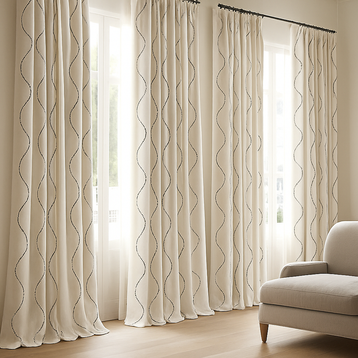 Luxury Linen Curtains with Wavy Embroidery – Custom Sizes & Light-Filtering or Blackout Options – GOTS Certified