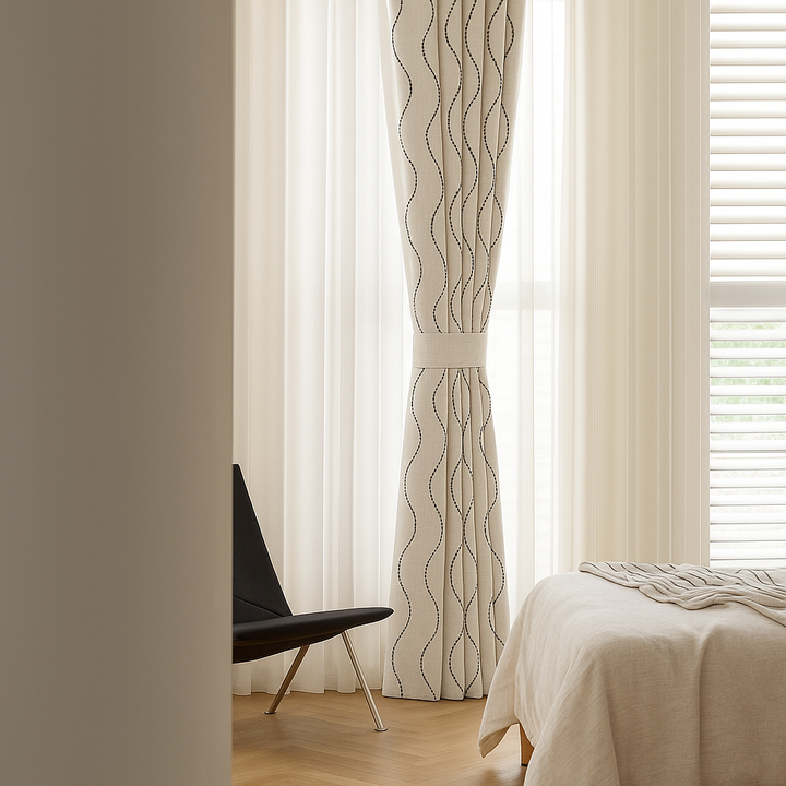 Luxury Linen Curtains with Wavy Embroidery – Custom Sizes & Light-Filtering or Blackout Options – GOTS Certified