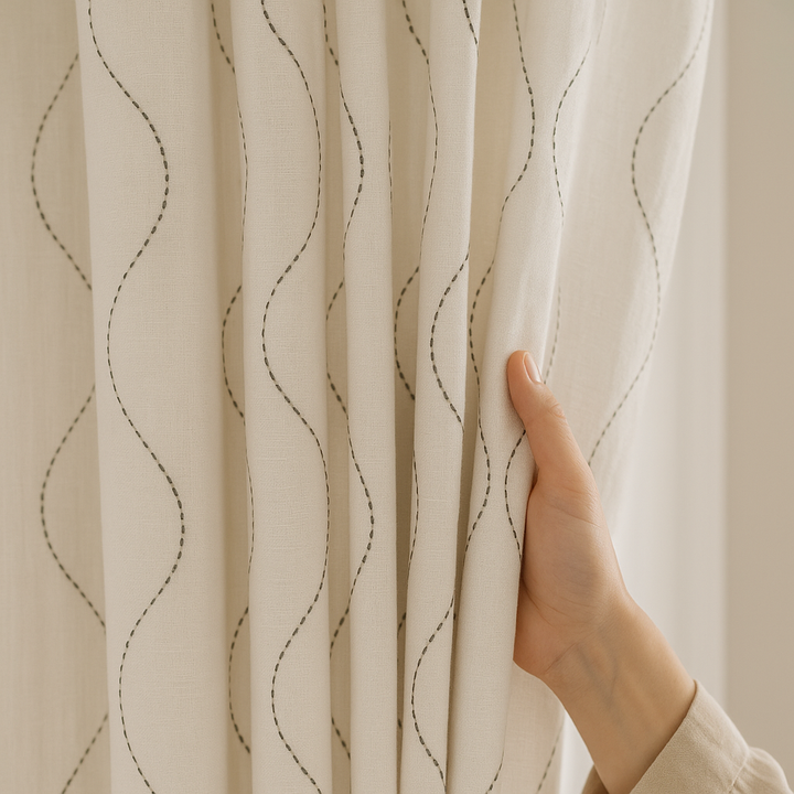 Luxury Linen Curtains with Wavy Embroidery – Custom Sizes & Light-Filtering or Blackout Options – GOTS Certified