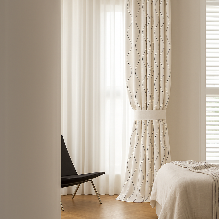 Luxury Linen Curtains with Wavy Embroidery – Custom Sizes & Light-Filtering or Blackout Options – GOTS Certified