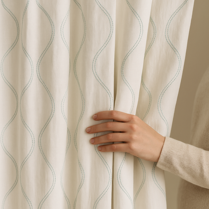 Luxury Linen Curtains with Wavy Embroidery – Custom Sizes & Light-Filtering or Blackout Options – GOTS Certified