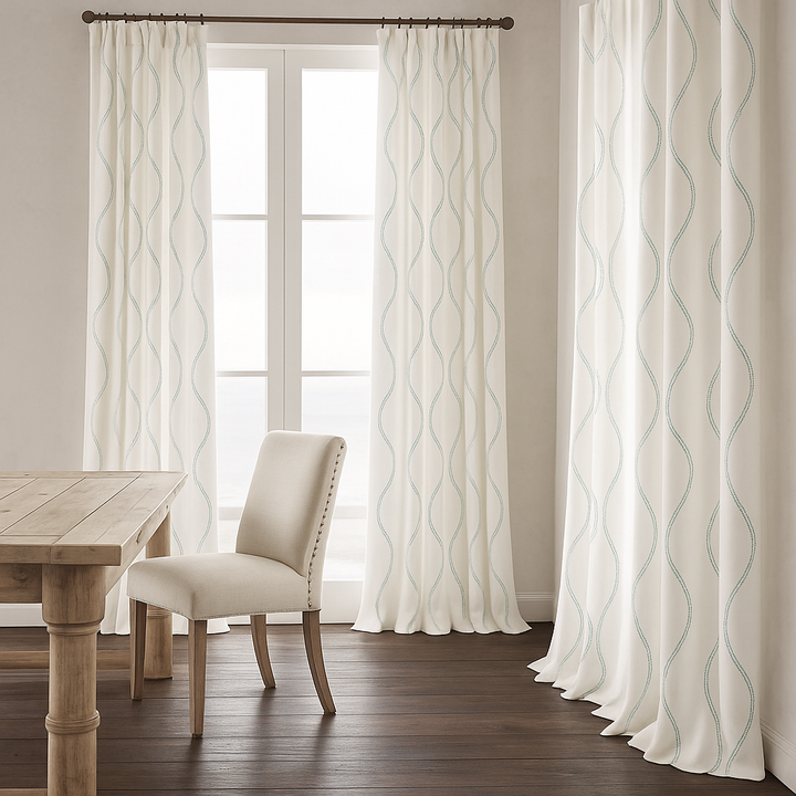 Luxury Linen Curtains with Wavy Embroidery – Custom Sizes & Light-Filtering or Blackout Options – GOTS Certified