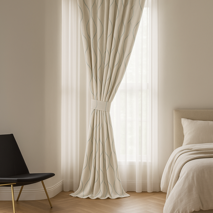 Luxury Linen Curtains with Wavy Embroidery – Custom Sizes & Light-Filtering or Blackout Options – GOTS Certified