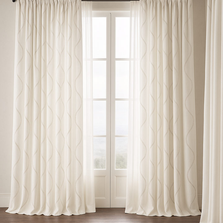 Luxury Linen Curtains with Wavy Embroidery – Custom Sizes & Light-Filtering or Blackout Options – GOTS Certified