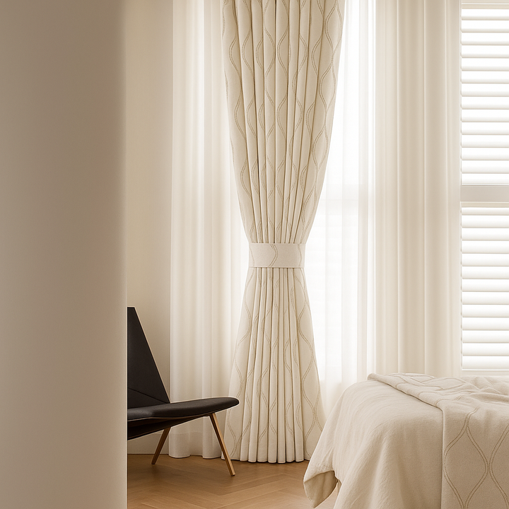 Luxury Linen Curtains with Wavy Embroidery – Custom Sizes & Light-Filtering or Blackout Options – GOTS Certified