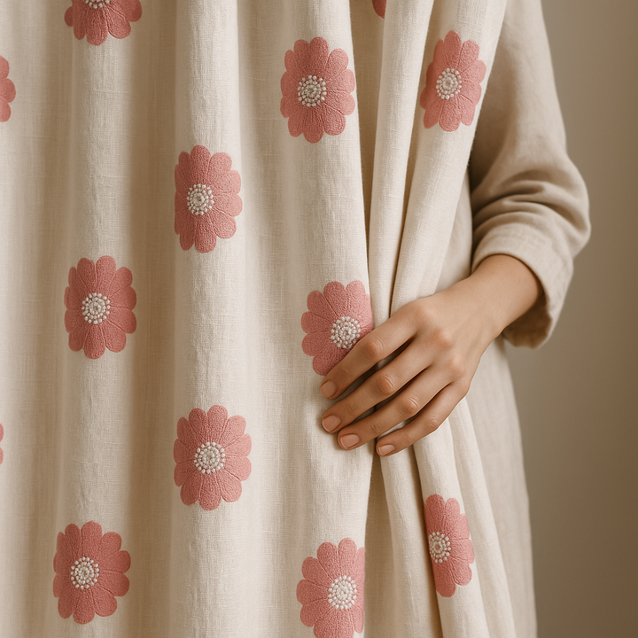 Organic Linen Embroidered Floral-Dot Curtains | Custom Sizes | Blackout & Light-Filtering Liners | GOTS & OEKO-TEX