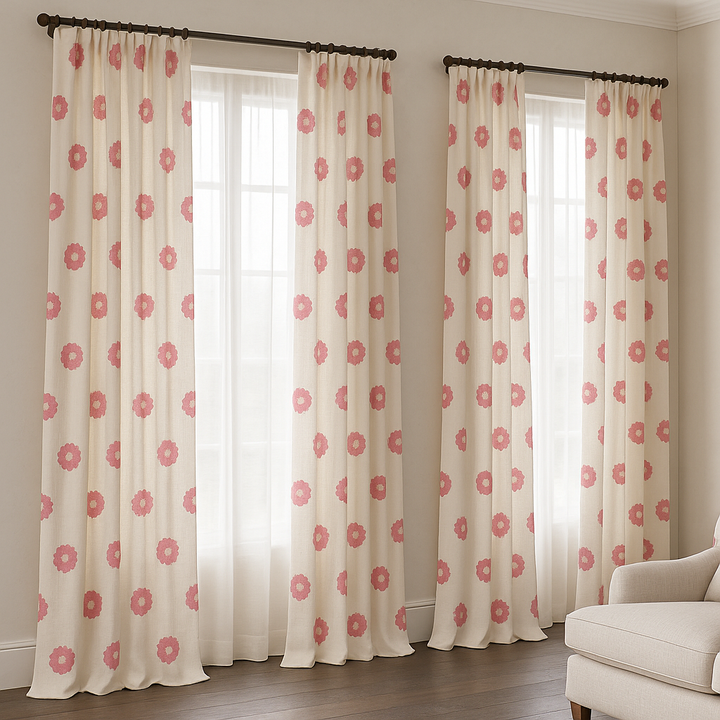 Organic Linen Embroidered Floral-Dot Curtains | Custom Sizes | Blackout & Light-Filtering Liners | GOTS & OEKO-TEX