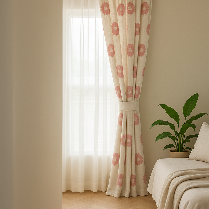Organic Linen Embroidered Floral-Dot Curtains | Custom Sizes | Blackout & Light-Filtering Liners | GOTS & OEKO-TEX