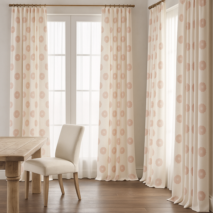 Organic Linen Embroidered Floral-Dot Curtains | Custom Sizes | Blackout & Light-Filtering Liners | GOTS & OEKO-TEX