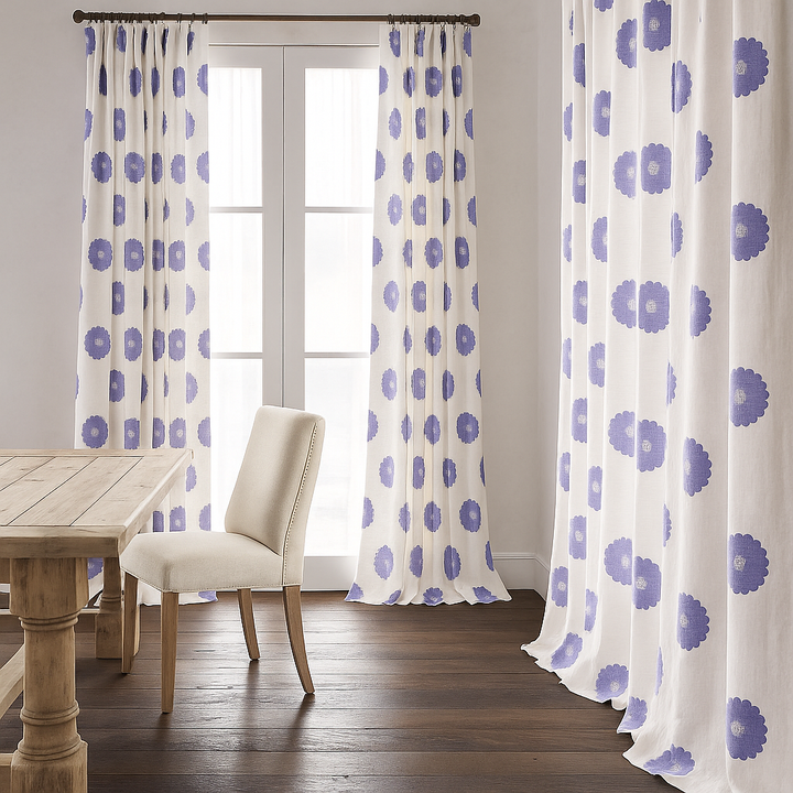 Organic Linen Embroidered Floral-Dot Curtains | Custom Sizes | Blackout & Light-Filtering Liners | GOTS & OEKO-TEX