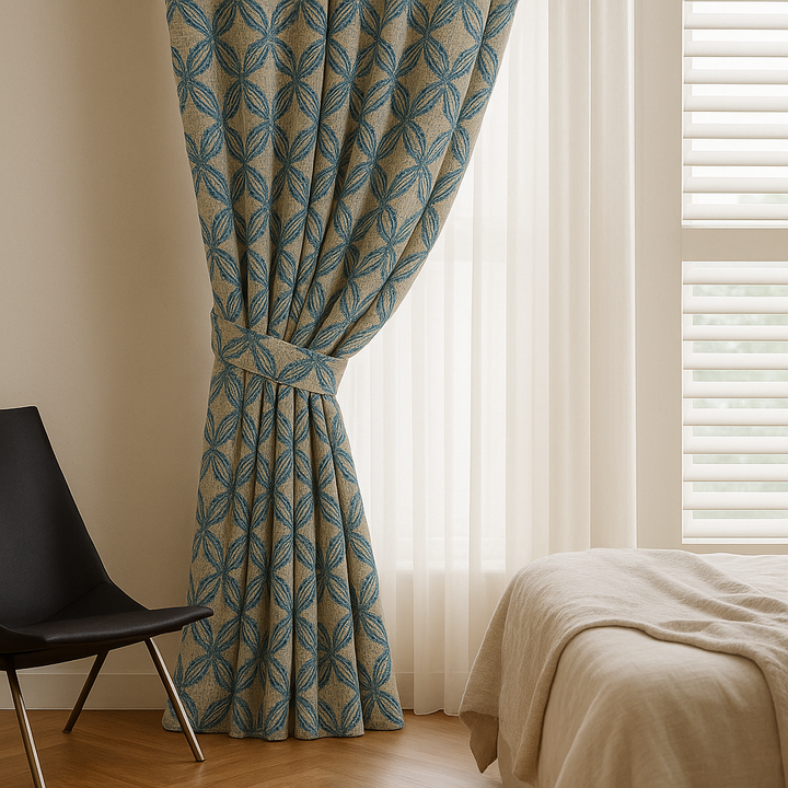 Custom Star Lattice Embroidered Organic Linen Curtains – Single Panel or Pair, Light-Filtering Cotton or 100 % Blackout Liner
