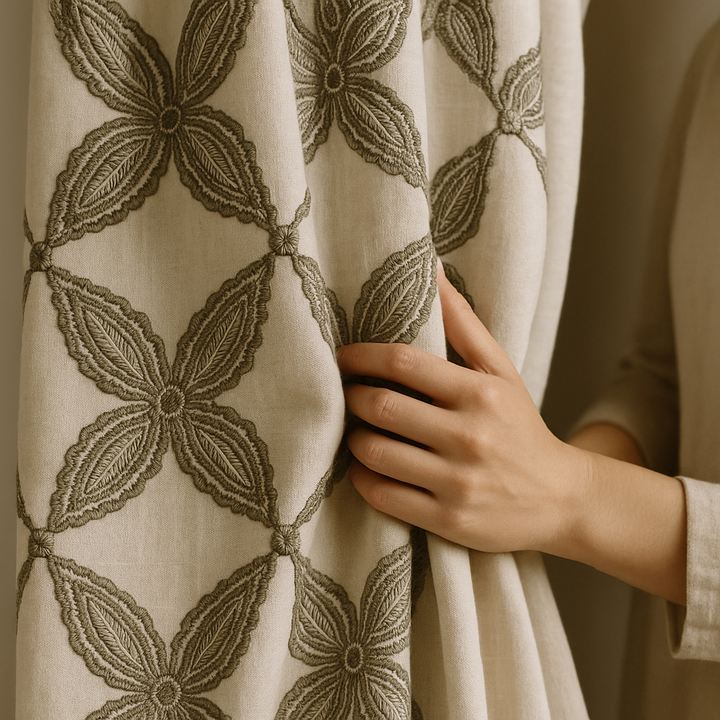 Custom Star Lattice Embroidered Organic Linen Curtains – Single Panel or Pair, Light-Filtering Cotton or 100 % Blackout Liner