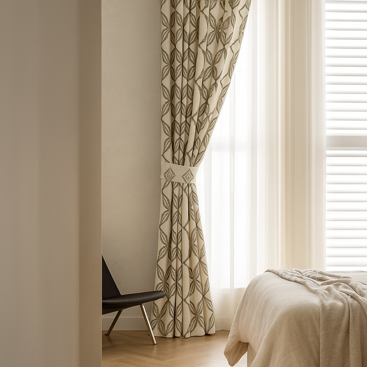 Custom Star Lattice Embroidered Organic Linen Curtains – Single Panel or Pair, Light-Filtering Cotton or 100 % Blackout Liner