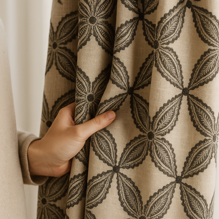 Custom Star Lattice Embroidered Organic Linen Curtains – Single Panel or Pair, Light-Filtering Cotton or 100 % Blackout Liner