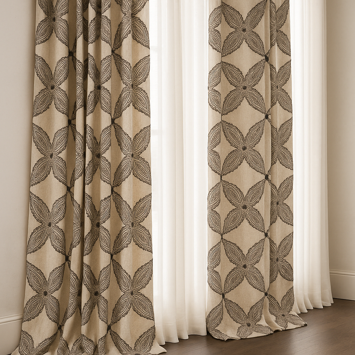 Custom Star Lattice Embroidered Organic Linen Curtains – Single Panel or Pair, Light-Filtering Cotton or 100 % Blackout Liner