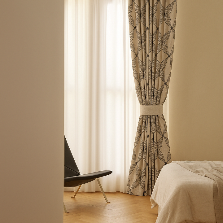 Custom Star Lattice Embroidered Organic Linen Curtains – Single Panel or Pair, Light-Filtering Cotton or 100 % Blackout Liner