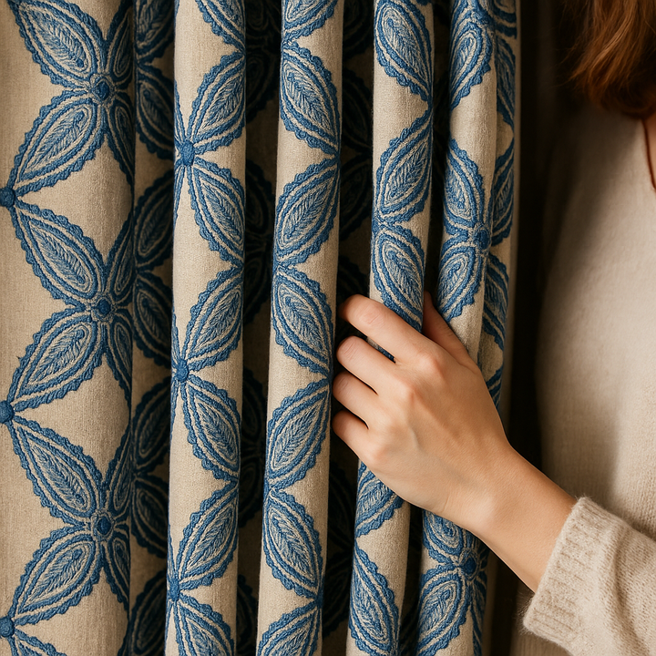 Custom Star Lattice Embroidered Organic Linen Curtains – Single Panel or Pair, Light-Filtering Cotton or 100 % Blackout Liner