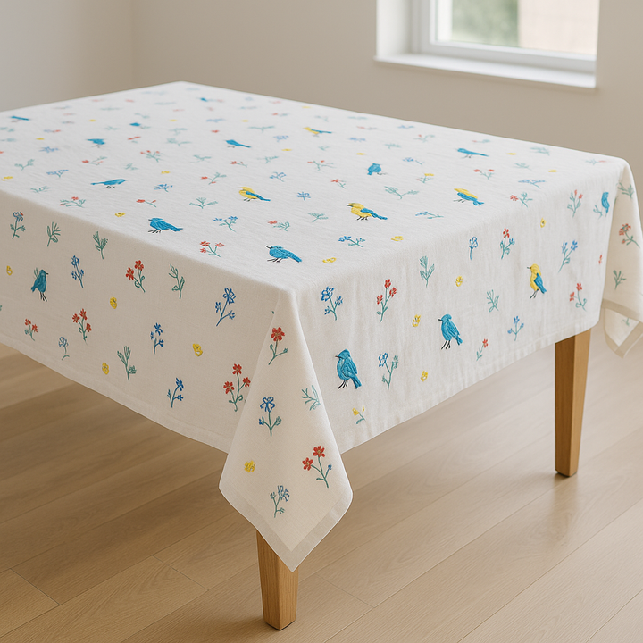 Embroidered Birds & Flowers Pure Linen Tablecloth – Square, Rectangular & Round – Custom Sizes Available – Elegant Table Cover for Dining & Living