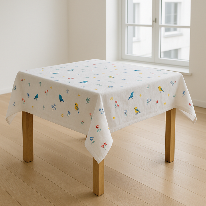 Embroidered Birds & Flowers Pure Linen Tablecloth – Square, Rectangular & Round – Custom Sizes Available – Elegant Table Cover for Dining & Living
