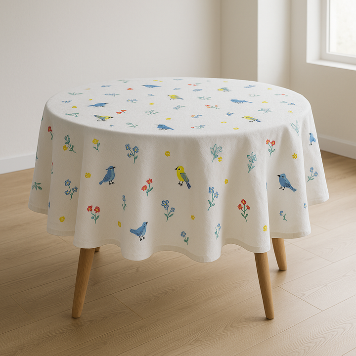 Embroidered Birds & Flowers Pure Linen Tablecloth – Square, Rectangular & Round – Custom Sizes Available – Elegant Table Cover for Dining & Living