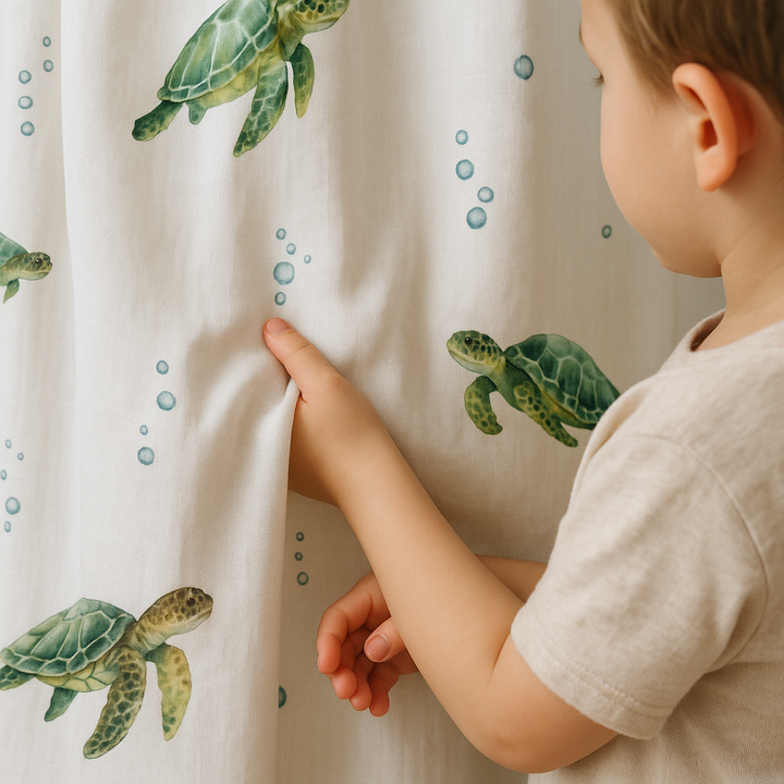 Sea Turtle Print Pure Linen Kids Curtains - Custom Sizes, Light Filtering or 100% Blackout Lining Options - Multiple Heading Styles - Made to Measure Curtains