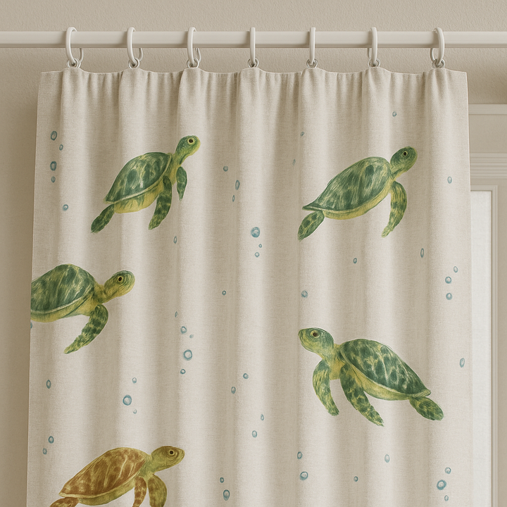 Sea Turtle Print Pure Linen Kids Curtains - Custom Sizes, Light Filtering or 100% Blackout Lining Options - Multiple Heading Styles - Made to Measure Curtains
