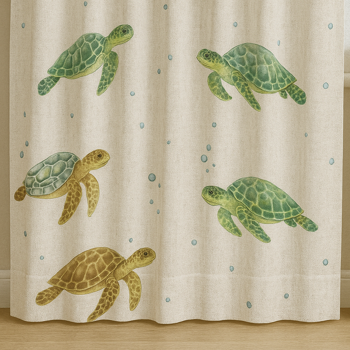 Sea Turtle Print Pure Linen Kids Curtains - Custom Sizes, Light Filtering or 100% Blackout Lining Options - Multiple Heading Styles - Made to Measure Curtains
