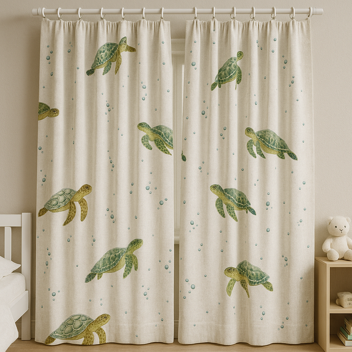 Sea Turtle Print Pure Linen Kids Curtains - Custom Sizes, Light Filtering or 100% Blackout Lining Options - Multiple Heading Styles - Made to Measure Curtains