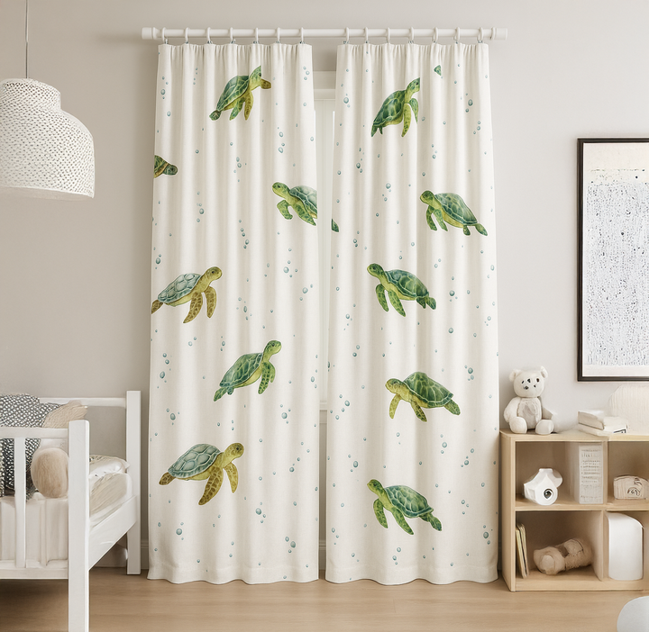 Sea Turtle Print Pure Linen Kids Curtains - Custom Sizes, Light Filtering or 100% Blackout Lining Options - Multiple Heading Styles - Made to Measure Curtains